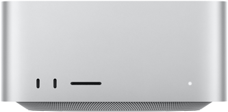 Mac Studio, Vorderseite, zwei USB‑C Anschlüsse, SDXC Kartensteckplatz, Statusanzeige, nach unten zulaufender Sockel, flache Oberseite, gerundete Ecken, gerade Kanten, Silber